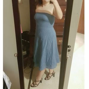 J Crew Blue A Line Strapleass Embossed Midi Dress